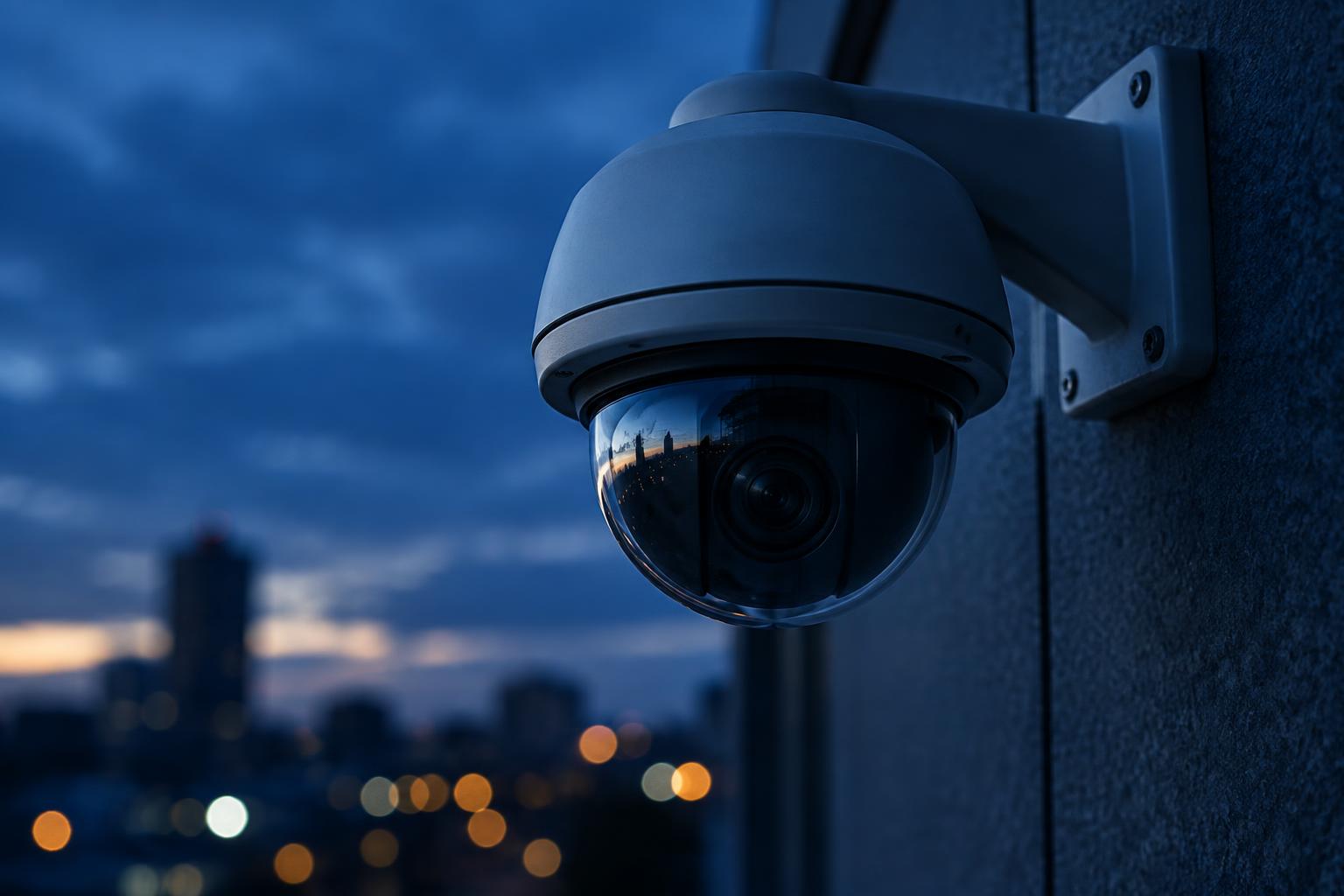 A dome security camera mounted on a wall at dusk
