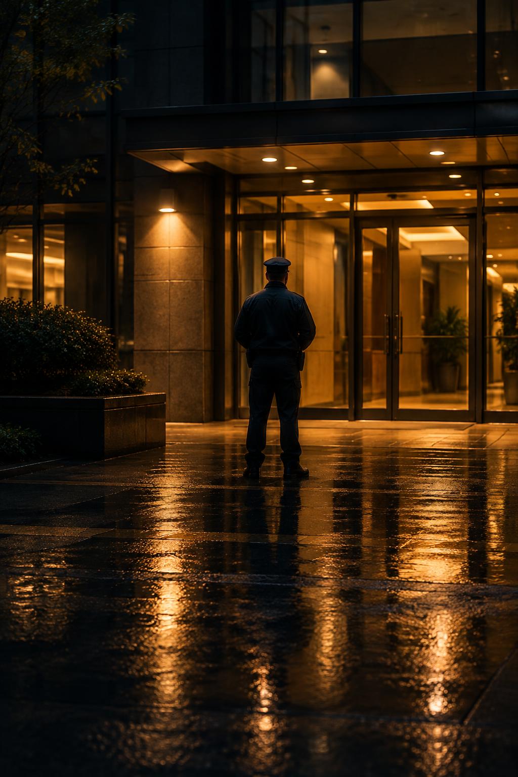 A uniformed officer on post at a building entrance at night